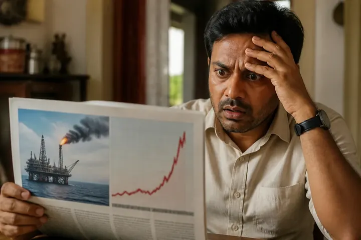 exogenous meaning picture: A newspaper economics page with a graph showing a sudden price spike, an oil rig icon marked as the outside cause