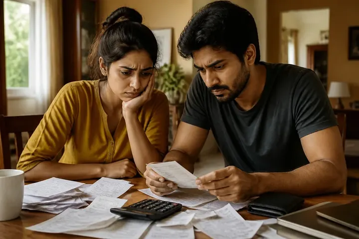 expense meaning picture: A young couple at a table sorting through bills and receipts with a calculator