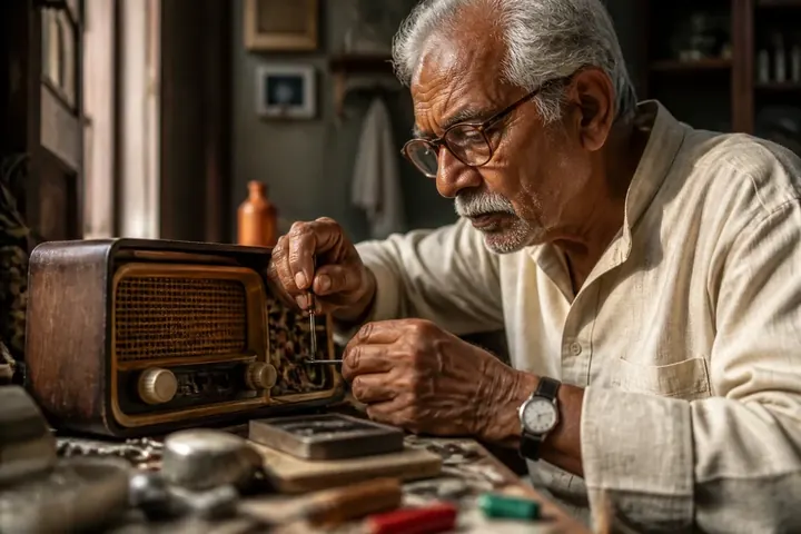 expert meaning picture: An elderly man carefully repairing a vintage radio at a small cluttered workbench