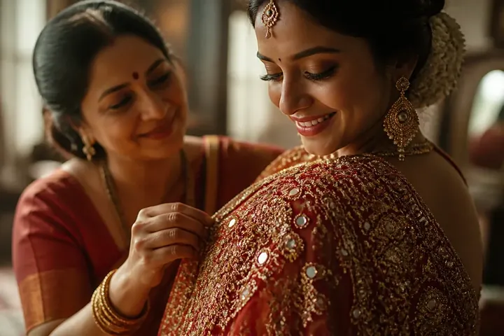 exquisite meaning picture: Close-up of intricate gold embroidery and tiny mirrors on a bridal dress, catching soft light