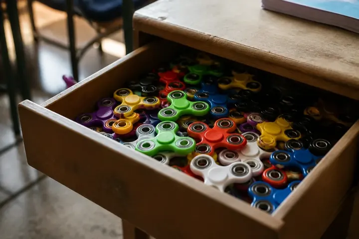 fad meaning picture: Pile of brightly coloured fidget spinners abandoned in a school drawer