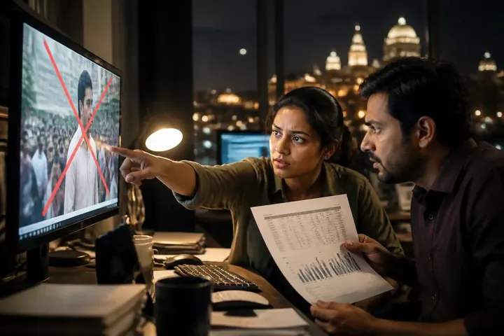 falsehood meaning picture: A fact-checking newsroom in Delhi at night: a young journalist points at a large monitor where a viral video is paused,