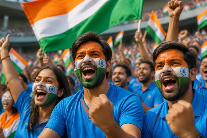 fan meaning picture: Cheering cricket fans with painted faces waving flags in a packed Indian stadium