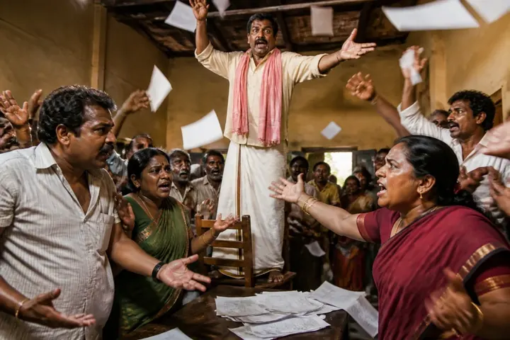farce meaning picture: A chaotic village meeting where people argue, papers fly and a man stands on a chair, comic confusion
