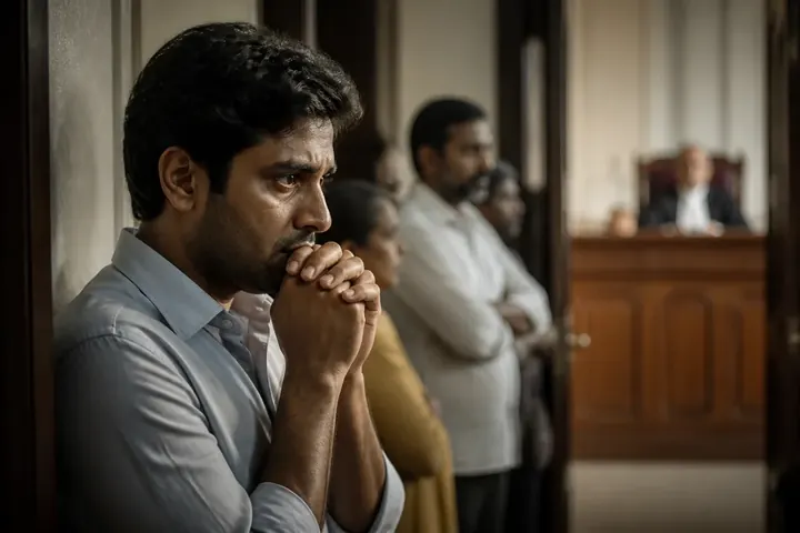fate meaning picture: A person nervously waiting outside a courtroom, hands clasped, as a judge's decision is about to be announced