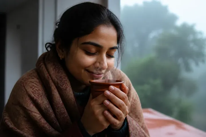 feel meaning picture: A young woman wrapped in a shawl holding a hot cup of chai on a cold, misty morning, looking content