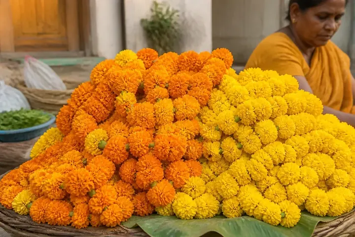flower meaning picture: Orange and yellow marigold garlands piled high at a busy flower market stall