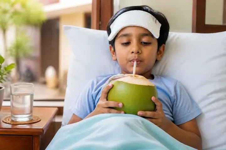 fluid meaning picture: A sick child in bed sipping coconut water through a straw, a glass of water on the bedside table