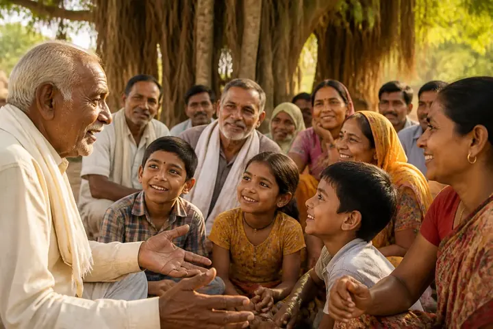 folk meaning picture: Villagers of all ages sitting together under a big banyan tree, listening to an elder