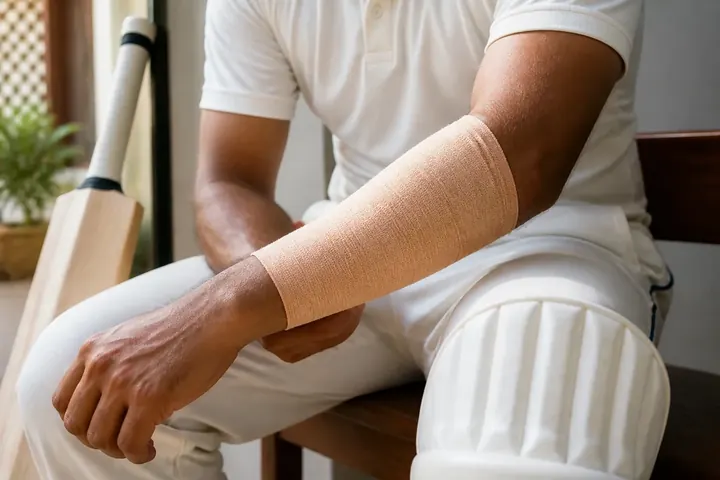 forearm meaning picture: Close-up of a cricketer's bandaged forearm as he sits in a dressing room, bat resting beside him