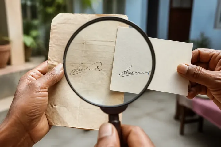 forger meaning picture: A magnifying glass held over a signature on an old document, comparing it against a genuine sample beside it