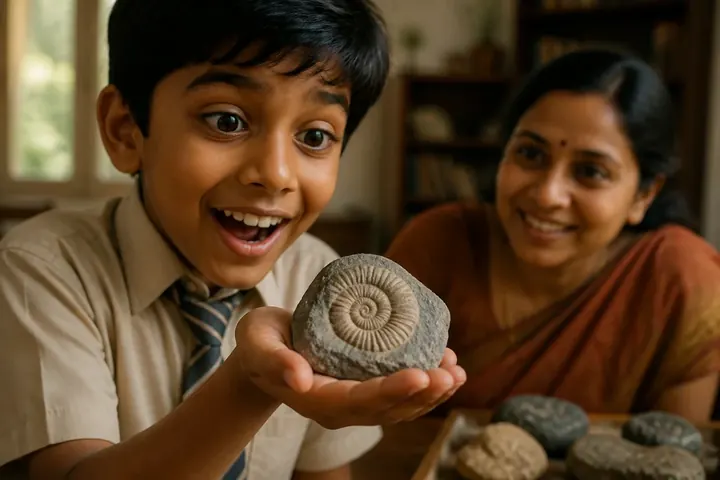 fossil meaning picture: A spiral shell fossil pressed into a grey rock, held in a child's open palm