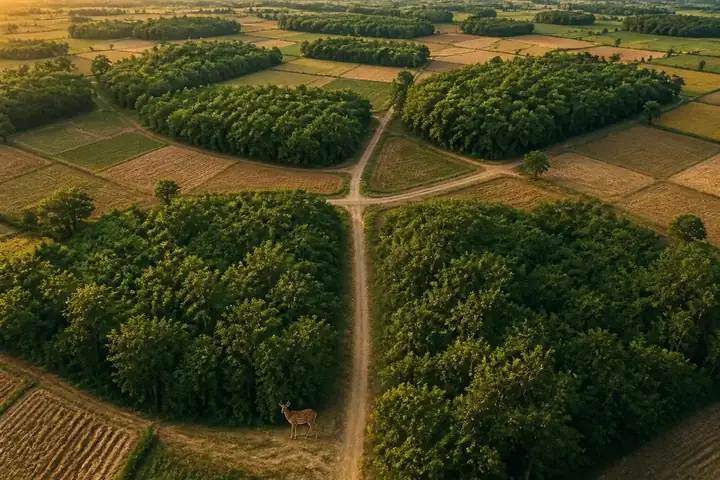 fragmentation meaning picture: An aerial view of a green forest cut into separate patches by a road and farmland, a small deer standing at the forest e