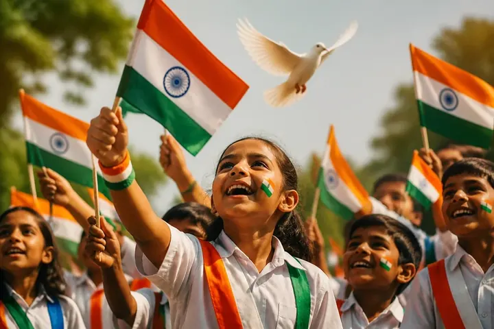 freedom meaning picture: Schoolchildren waving the Indian tricolour at an Independence Day parade, a white dove flying overhead