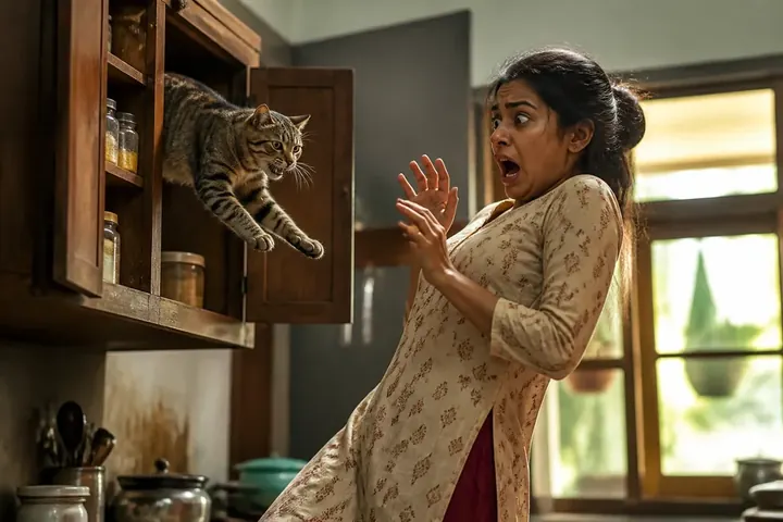 fright meaning picture: A woman jumping back in surprise as a cat leaps out of a kitchen cupboard