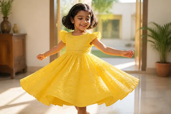 frock meaning picture: Little girl in a bright yellow frock twirling happily in a sunlit room