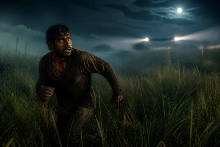 fugitive meaning picture: A man in dark, ragged clothes running through tall grass at night, looking back over his shoulder with fear while police