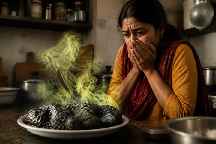 ghastly meaning picture: Friends staring in dismay at a collapsed, burnt birthday cake on a kitchen table