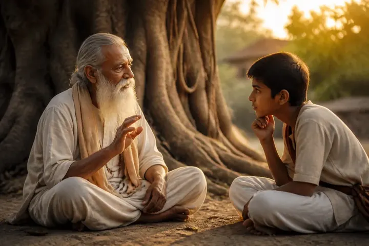 gnomic meaning picture: An elderly Indian sage with a white beard sits cross-legged under a tree speaking quietly with a calm half-smile, a youn