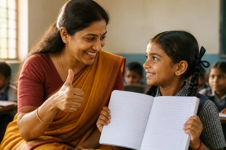 good meaning picture: A smiling teacher giving a thumbs-up to a student showing her notebook in a bright classroom