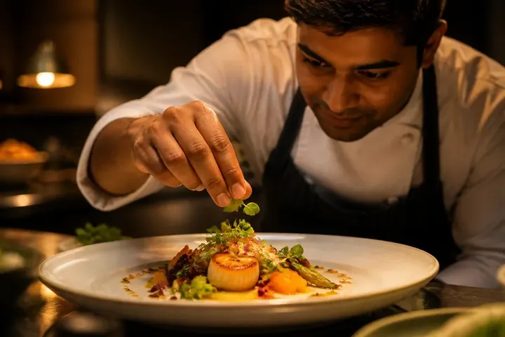 gourmet meaning picture: A beautifully plated dish in a fine restaurant, garnished with herbs, a chef adding a final touch