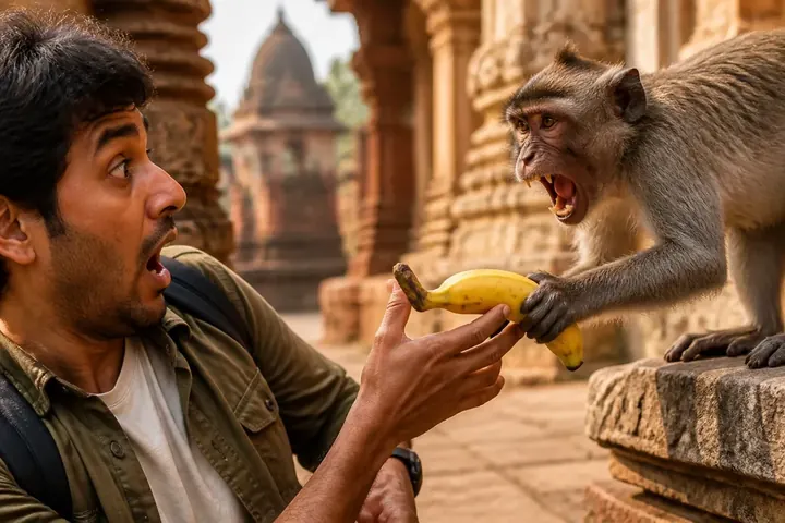 grab meaning picture: A cheeky monkey snatching a banana from a surprised tourist's hand at a temple