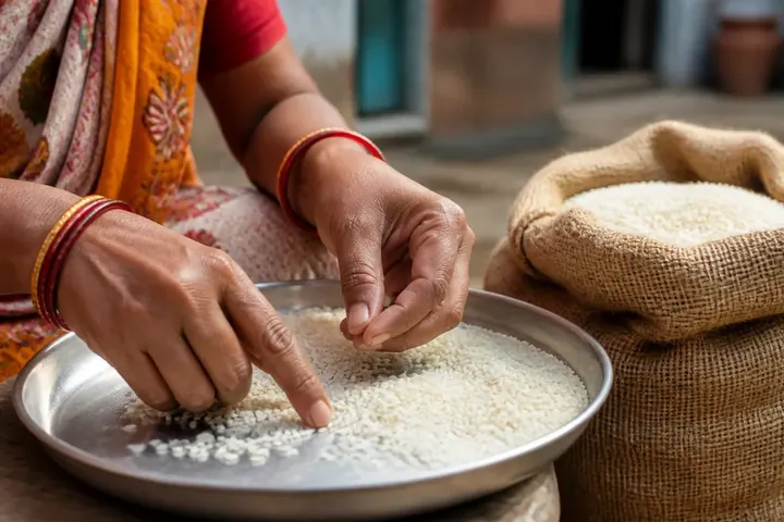 grain meaning picture: Close-up of a woman's hands sorting rice grains on a steel plate, with a jute sack of grain beside her