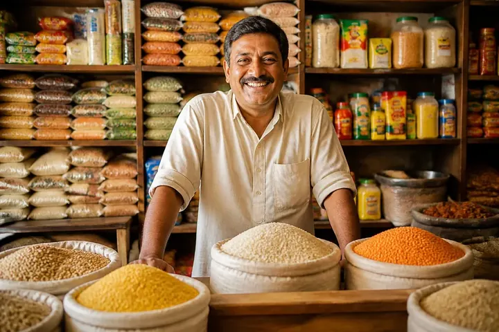 grocer meaning picture: A smiling Indian kirana shop owner behind a counter stacked with sacks of rice, lentils and packets