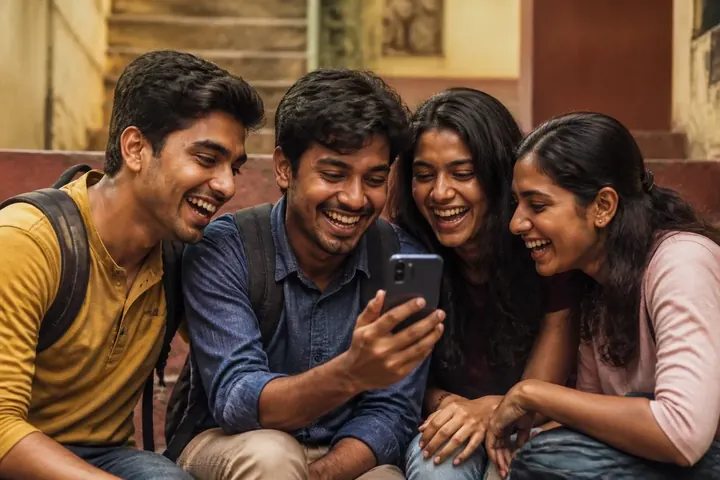 group meaning picture: A group of college friends sitting together on steps, laughing and looking at one phone