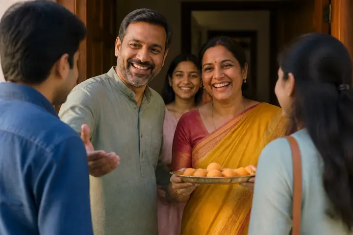guest meaning picture: An Indian family at their doorway welcoming guests with smiles, a tray of sweets in the host's hands