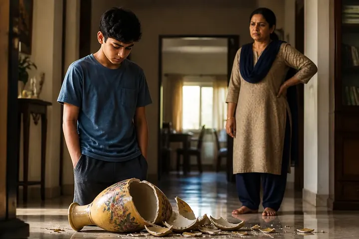 guilt meaning picture: A teenage boy looking down with an embarrassed face beside a broken vase, his mother watching