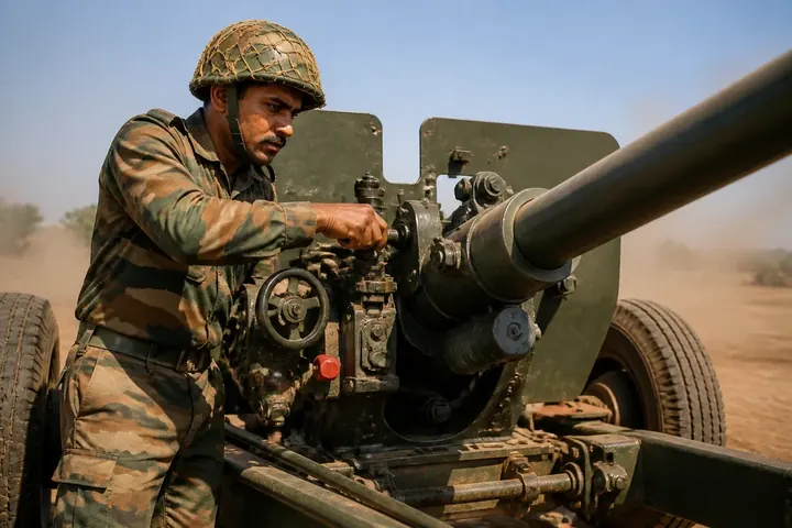 gunner meaning picture: A uniformed soldier adjusting a large artillery gun on a dusty training field under a clear sky