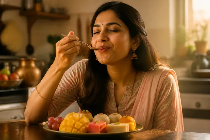 gustatory meaning picture: A smiling Indian woman closes her eyes while tasting a spoonful of dessert in a bright kitchen, a plate of colourful swe