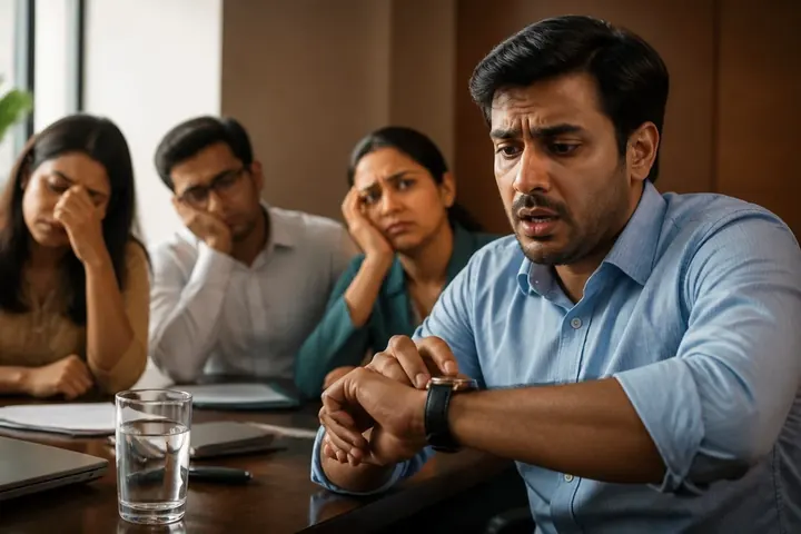 habitual meaning picture: A man checking his watch anxiously, always the last to arrive at office meetings, colleagues sighing