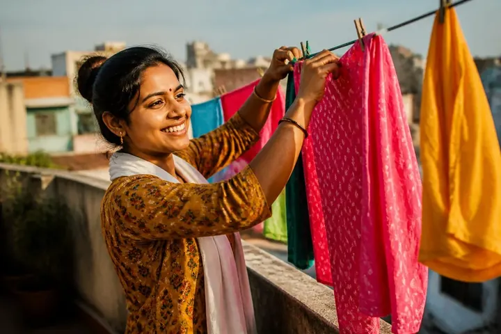 hang meaning picture: Bright clothes hanging on a washing line on a sunny rooftop in an Indian town