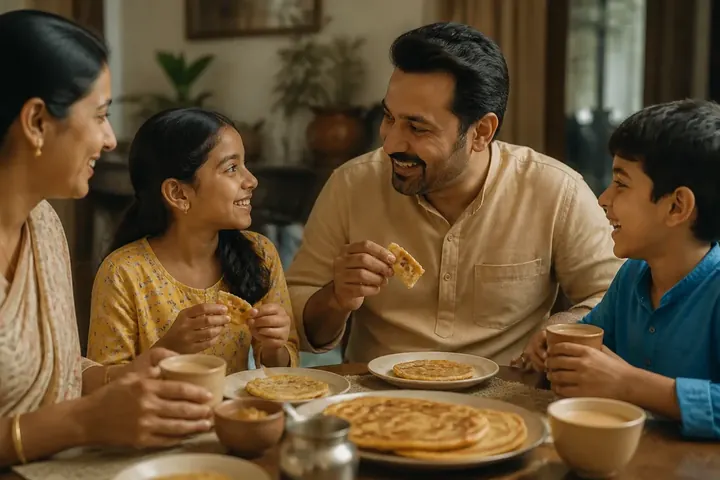 have meaning picture: A family in India having breakfast together at a table with parathas and chai