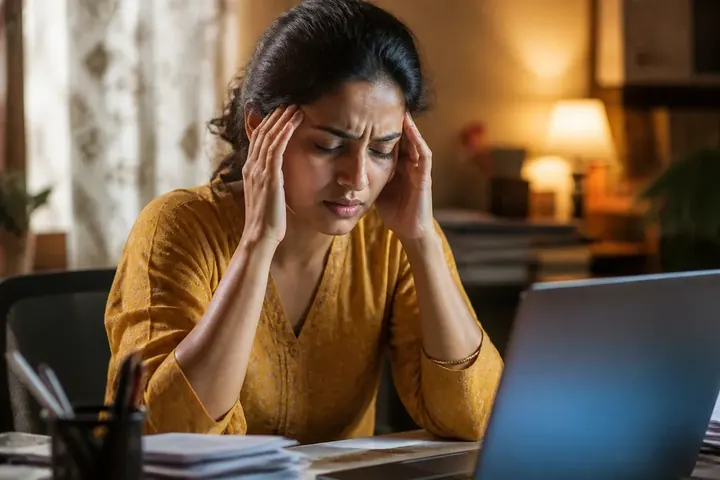 headache meaning picture: A woman rubbing her temples in pain at her office desk, laptop screen glowing