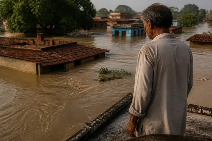 helplessly meaning picture: A villager standing on a rooftop looking down helplessly at rising floodwaters around his home