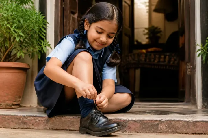 herself meaning picture: A young Indian girl proudly tying her own shoelaces on a doorstep