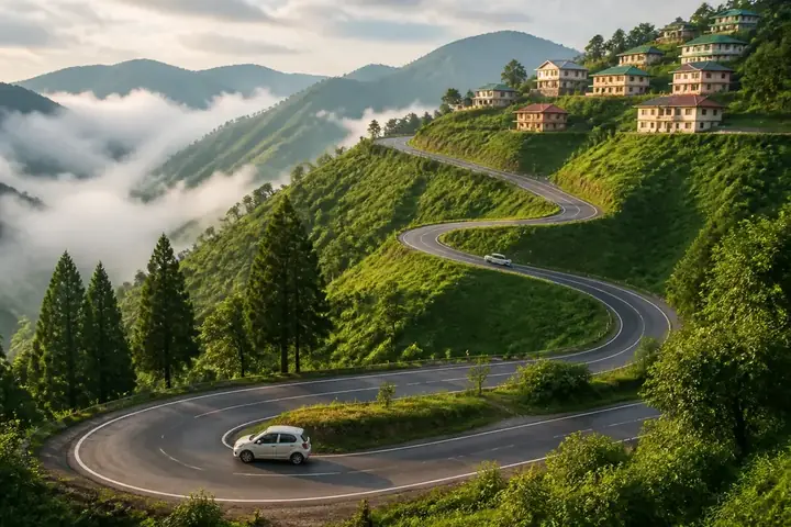 hilly meaning picture: Winding road climbing through green hills in a hill town like Shimla or Munnar, morning mist