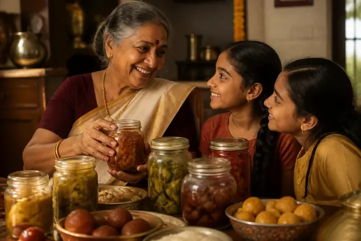 homemade meaning picture: A grandmother's kitchen table filled with jars of homemade pickle and sweets during a festival