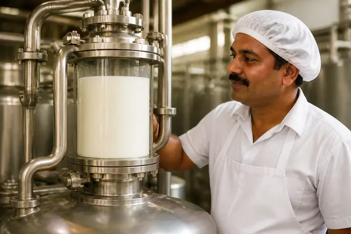 homogenize meaning picture: A dairy factory worker in India in a clean white cap and apron beside a steel machine with pipes and a glass container o