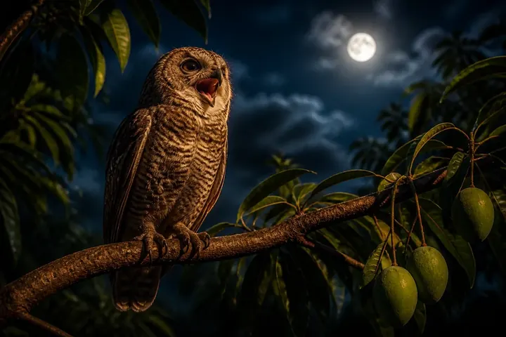 hoot meaning picture: An owl perched on a mango tree branch at night calling out, moonlit sky behind