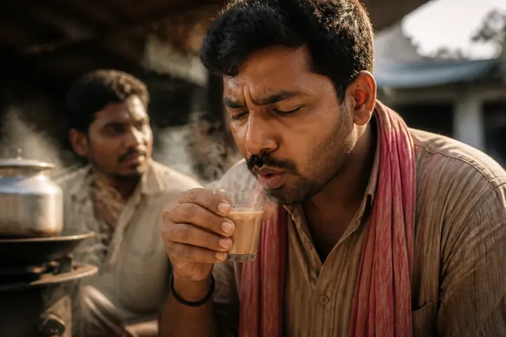 hot meaning picture: Steam rising from a glass of hot masala chai at a roadside tea stall