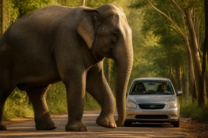 huge meaning picture: A huge elephant walking slowly across a forest road while a small car waits