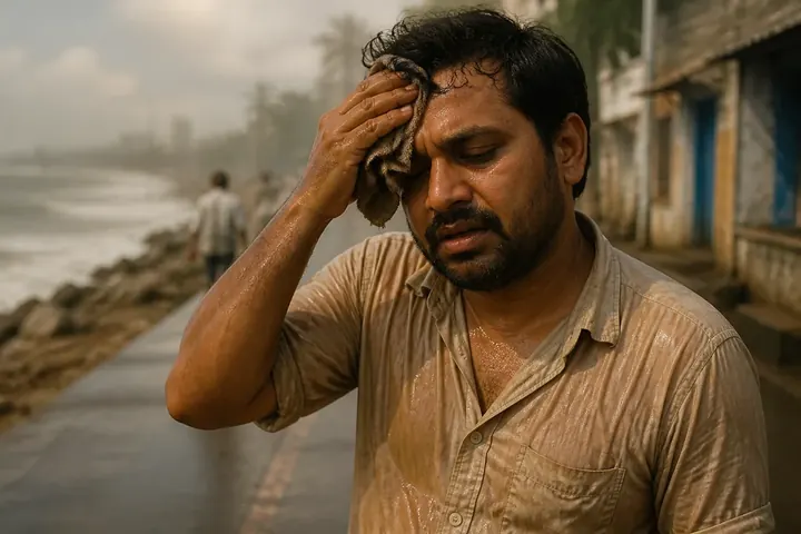humidity meaning picture: A person wiping sweat off their forehead on a muggy coastal street, clothes sticking with dampness