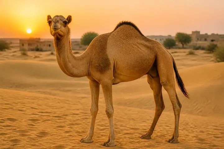 hump meaning picture: Camel with a large hump standing on golden sand dunes in the Thar desert at sunset