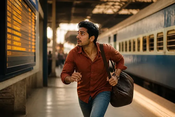 hurriedly meaning picture: Traveller running through a train station platform with a bag, glancing anxiously at a departure board