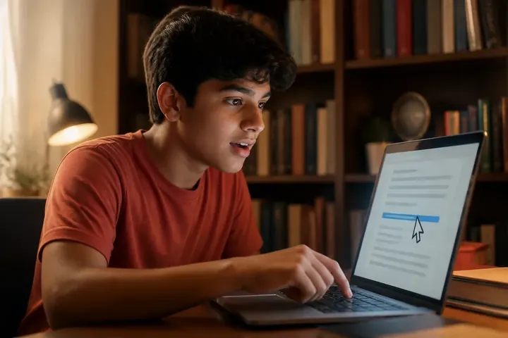 hyperlink meaning picture: A young Indian student at a desk looking at a laptop screen and clicking a highlighted underlined word with the cursor,