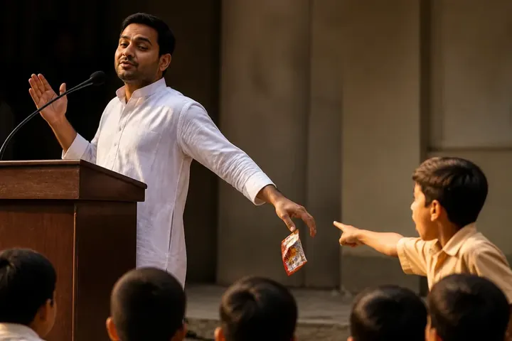 hypocrisy meaning picture: A man in a crisp kurta giving a speech about cleanliness at a podium while secretly dropping a wrapper on the ground beh